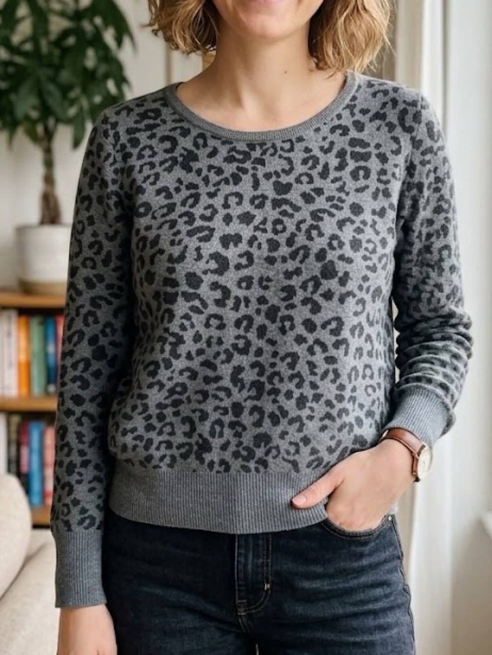 Heartloom Grey Leopard Print Knit Wool Blend Pullover Sweater Size Large